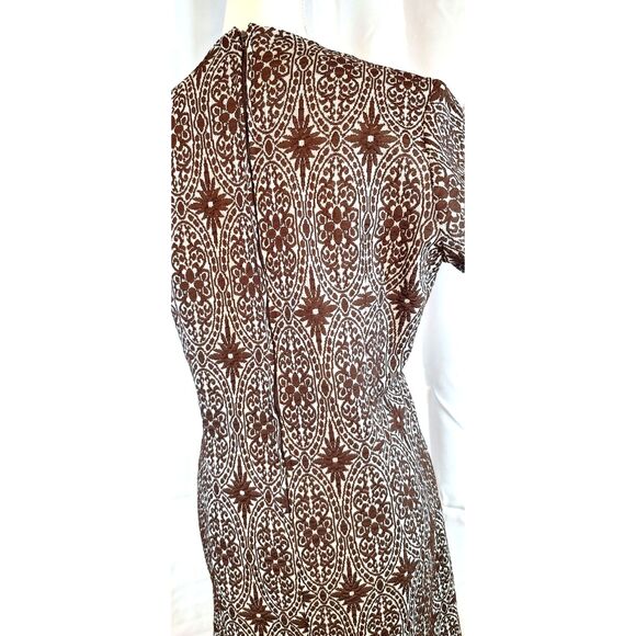 1960s 70s Vintage Brown & White Dress Double Knit Front Tie - Picture 9 of 14
